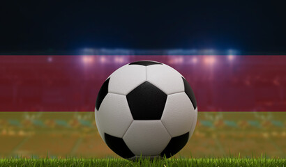 Soccer football ball on a grass pitch in front of stadium lights and germany flag. 3D Rendering
