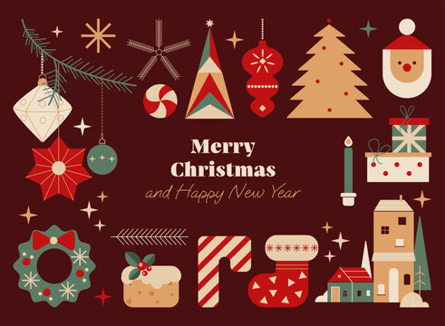 Merry Christmas modern background with festive ornaments, decorations and winter elements. Xmas tree, Santa Claus, gift, snow house, candle, candies. Flat vector illustration