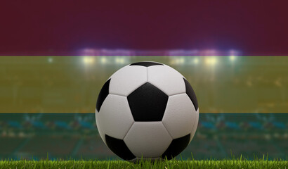 Soccer football ball on a grass pitch in front of stadium lights and bolivia flag. 3D Rendering