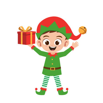 happy cute little boy wearing a green elf Christmas costume vector illustration