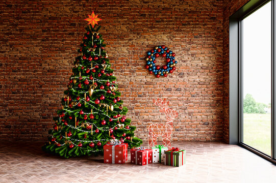 illustration 3d Christmas party Beautifully decorated house with a Christmas tree