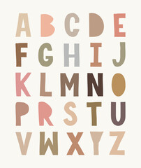 Cute Vector Illustration with Handwritten Alphabet. Blush, Gold, Pink and Brown Childish Style Letters Isolated on a Off-White Background. Simple Funny Alphabet Print ideal for Card, Poster, Wall Art. - 546563808