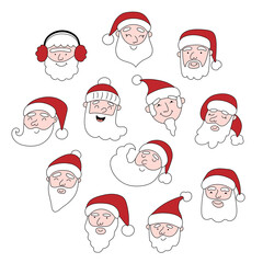 Santa Claus doodle faces set,Christmas or New Year festive characters,social media fairy avatars.Use for holiday postcards,posters,banners,calendars.Doodle cartoon flat style.Editable stroke.Isolated