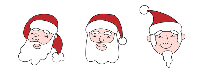 Santa Claus doodle faces set,Christmas or New Year festive characters,social media fairy avatars.Use for holiday postcards,posters,banners,calendars.Doodle cartoon flat style.Editable stroke.Isolated