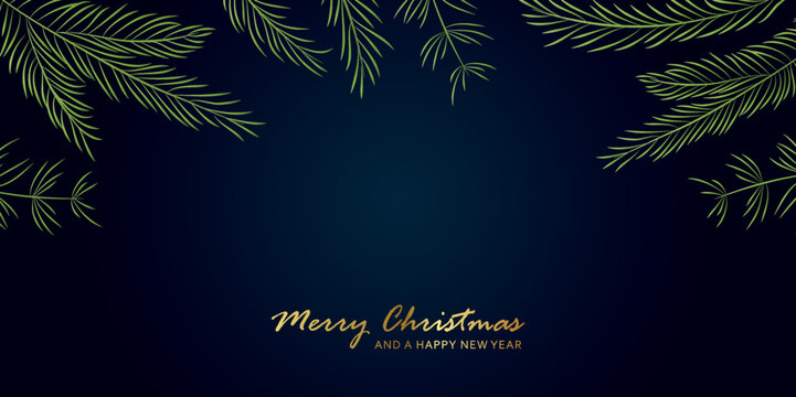 christmas greeting card background with fir branches and golden text