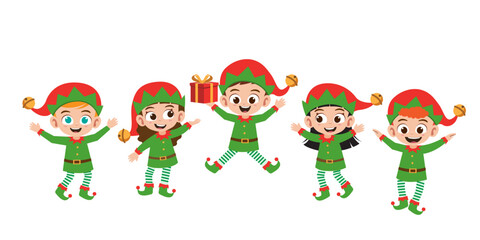 Obraz na płótnie Canvas Happy kids boy and girl smile wearing elf Christmas costume vector illustration set