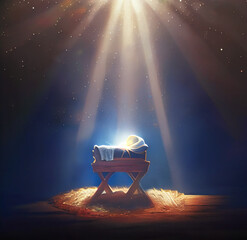 Christmas nativity scene of born child baby Jesus Christ in the manger with Joseph and Mary.illustration Christmas Nativity Scene banner background of baby Jesus in the Christmas with Mary and Joseph.