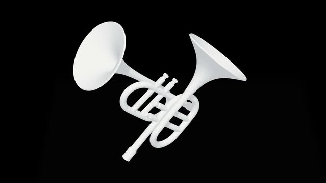 Trumpet pipe fife musical instrument spin on black background. 4K FullHD and HD render footage animation