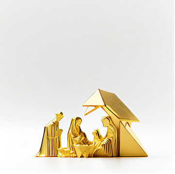 Christmas nativity scene of born child baby Jesus Christ in the manger with Joseph and Mary gold model Christmas Nativity Scene banner background of baby Jesus in the Christmas with Mary and Joseph.