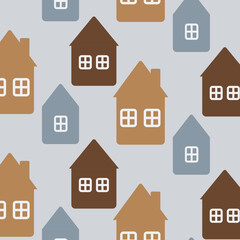 Winter houses seamless vector pattern, Scandinavian houses, buildings, simple flat style, architecture, Christmas, blue, beige, brown, for print, background, wallpaper, textile, wrapping paper 