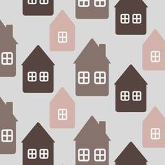 Winter houses seamless vector pattern, Scandinavian houses, buildings, simple flat style, architecture, Christmas, pink, beige, gray, for print, background, wallpaper, textile, wrapping paper 