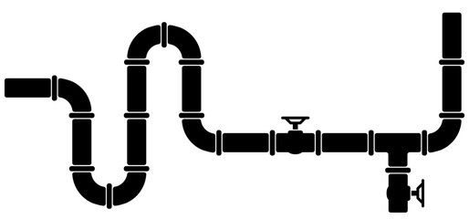 Water, oil or gas pipeline with fittings and valves. Pipeline and black tap, open, close. Globe valve icon or pictogram. Vector pipe fitting symbol. Wastewater or Waste water logo. Distribution.