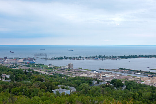 aerial of superior bay duluth harbor canal park lift bridge in duluth minnesota