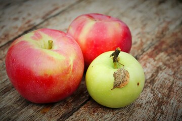 Three fresh apples just picked from a branch on a wooden table