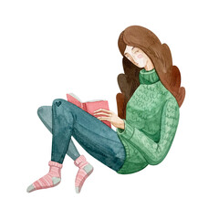 The girl is sitting and reading a book.