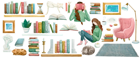 Watercolor set of illustrations on a book theme.