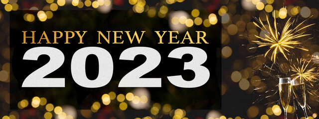 HAPPY NEW YEAR 2023 - Festive silvester background panorama banner long - Golden yellow firework...
