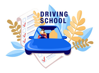 Driving school concept, theory and practice test. Paper form with red marks. Driving education. Woman driving a car with safety belt. Leaves background. Flat vector illustration.