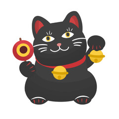 Antique style Japanese Maneki Neko black cat Illustration