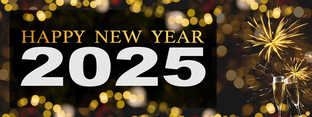 HAPPY NEW YEAR 2025 - Festive silvester background panorama banner long - Golden yellow firework...