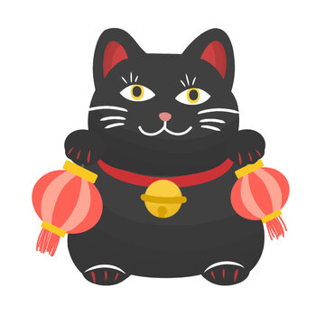 Antique style Japanese Maneki Neko black cat Illustration