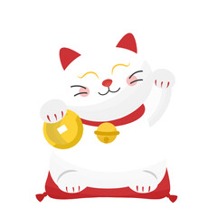 Antique style Japanese Maneki Neko white cat Illustration