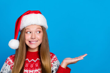 Photo of cunning tricky girl with straight hairstyle dressed red pullover look empty space bite lip...