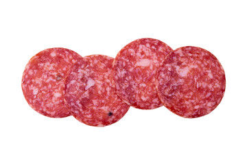 Sliced salami isolated on white background with transparent PNG. Sausage top view