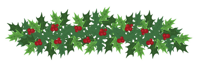 Decorative Christmas holly garland (may be used as a design element or border).  Christmas symbolVector, easily edited. Festive winter decor. Holly Christmas decorative border. winter garland. 