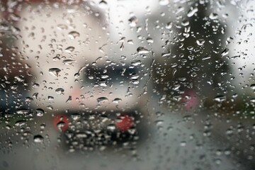 Glasscheibe mit Regentropfenmuster vor Straße mit kleinem weißen Lastkraftwagen zwischen Bäumen und Häusern in Stadt vor diesigem Himmel bei Regen und Nebel am Morgen im Herbst