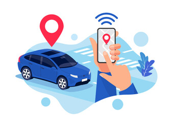 Vector illustration of autonomous wireless parking remote connected electric car controlled via smartphone app. Hands holding smart mobile phone map location pin in modern city. Ride sharing service. - obrazy, fototapety, plakaty