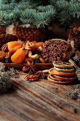 Christmas still-life with dried fruits and nuts.