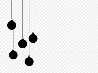 Christmas balls hanging from top isolated  on png or transparent  background. Graphic resources for New Year, Birthdays and luxury card. Vector illustration
