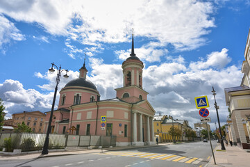 Iverskaya Church against the blue sky in Moscow on Bolshaya Ordynka street
