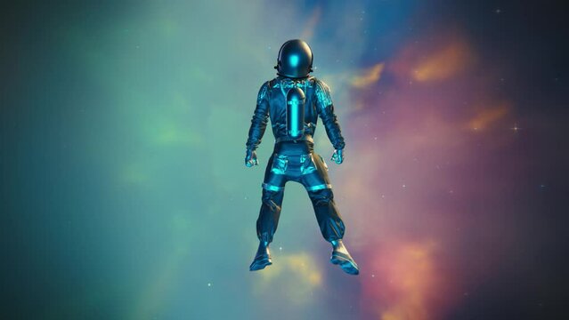 3D render of an astronaut floating through interstellar space