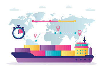 Cargo ship on world map, industrial vessel with containers freight, import and export maritime logistic service. Commercial ocean transportation concept. Fast shipping worldwide.