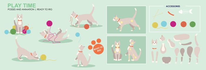 Cute Grey cat play time, playing with balls of wool and knitting, multiple poses, positions. Vector broken down ready to rig and animate, cartoon cat playing. knitting cat cartoon. 