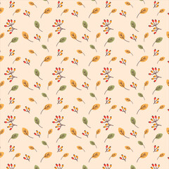 Autumn seamless pattern with leaves and rowan. Vector illustration.