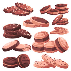 Cookie set collection of chocolate baked crunchy dessert snack cartoon illustration