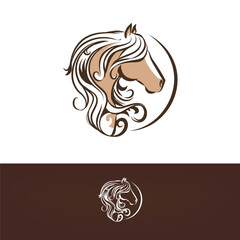 Horse head logo in round shape, with monochrome variation, frisian horse with long curly mane symbol - 546579263