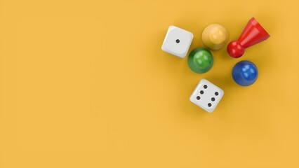 3D Rendering Game figures and two dices isolated on white background