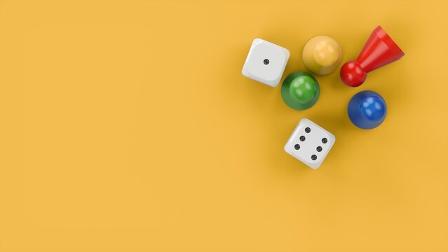 3D Rendering Game figures and two dices isolated on white background