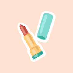 Beauty sticker with lipstick cartoon illustration. Beauty product, lipstick, cosmetic. Glamour, stationery, fashion concept