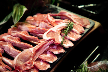 raw meat on the bench in the store
