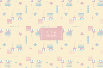 Geometric cute shapes with floral soft pale pastel yellow background seamless repeat vector pattern