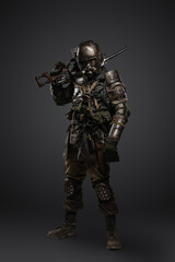 Portrait of isolated on grey stalker surviving in post apocalypse.