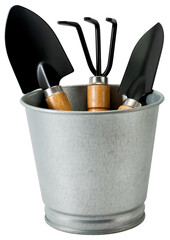 Set of gardening tools in metal zinc bucket.