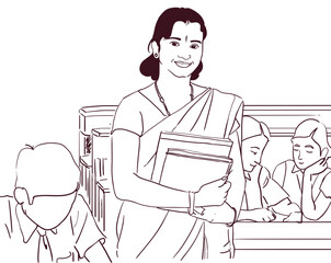 outline of Rural indian teacher standing in class, smiling and confident indian women teacher, sketch art