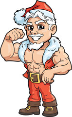 Cartoon style young muscular Santa Claus in red costume