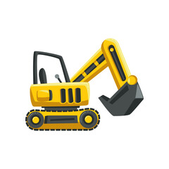 Toy excavator for kids flat vector illustration. Toy excavator for children on white background. Childhood, entertainment, transport concept